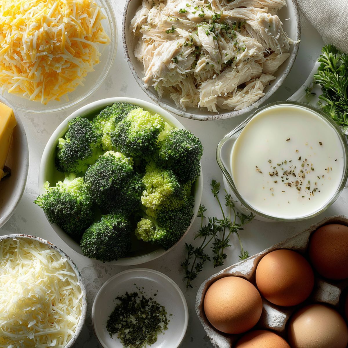 Flatlay of chicken quiche ingredients on a white kitchen counter in a casual, homemade setup