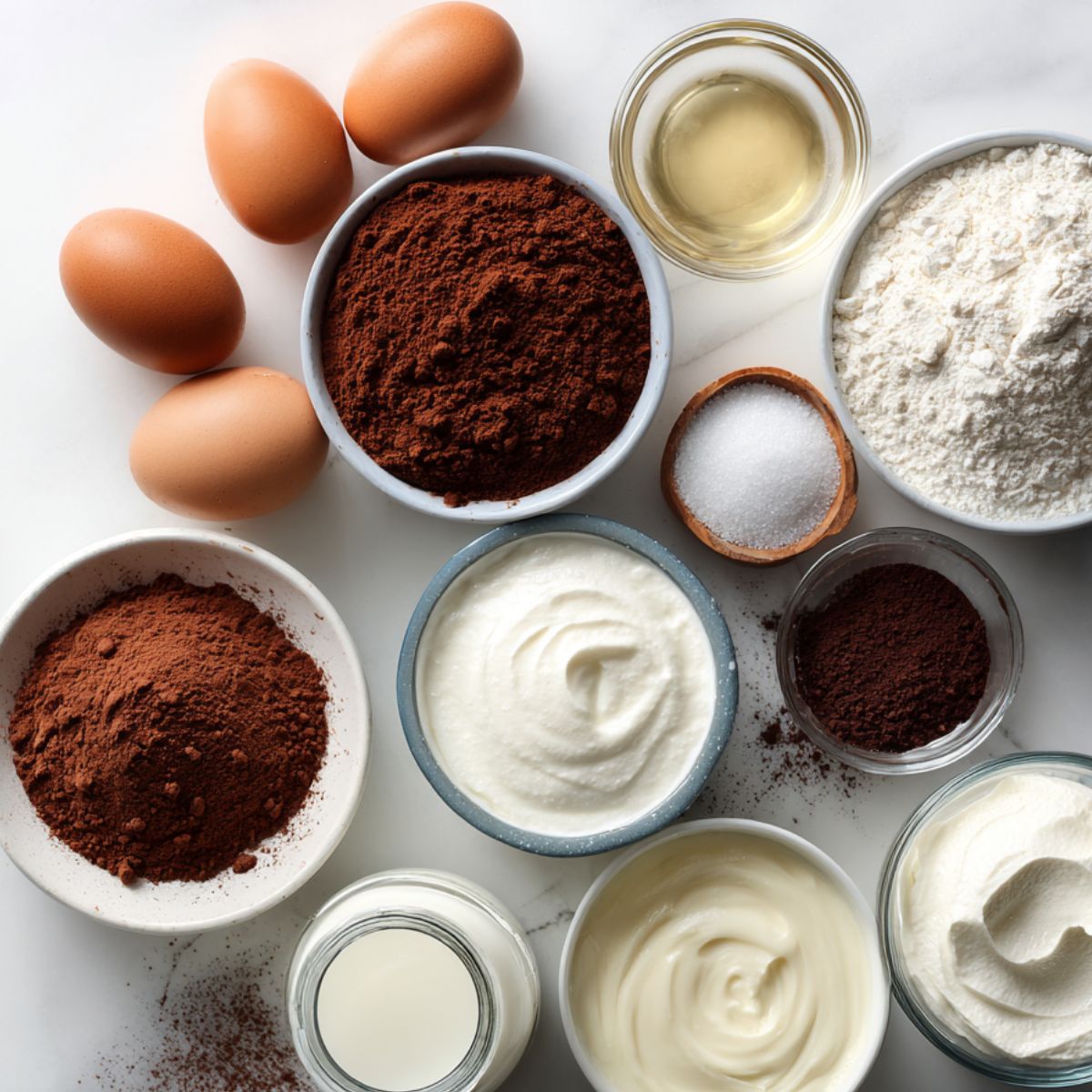 Flat lay of chocolate swiss roll cake ingredients — eggs, cocoa powder, flour, sugar, and cream — arranged casually on a white kitchen counter.