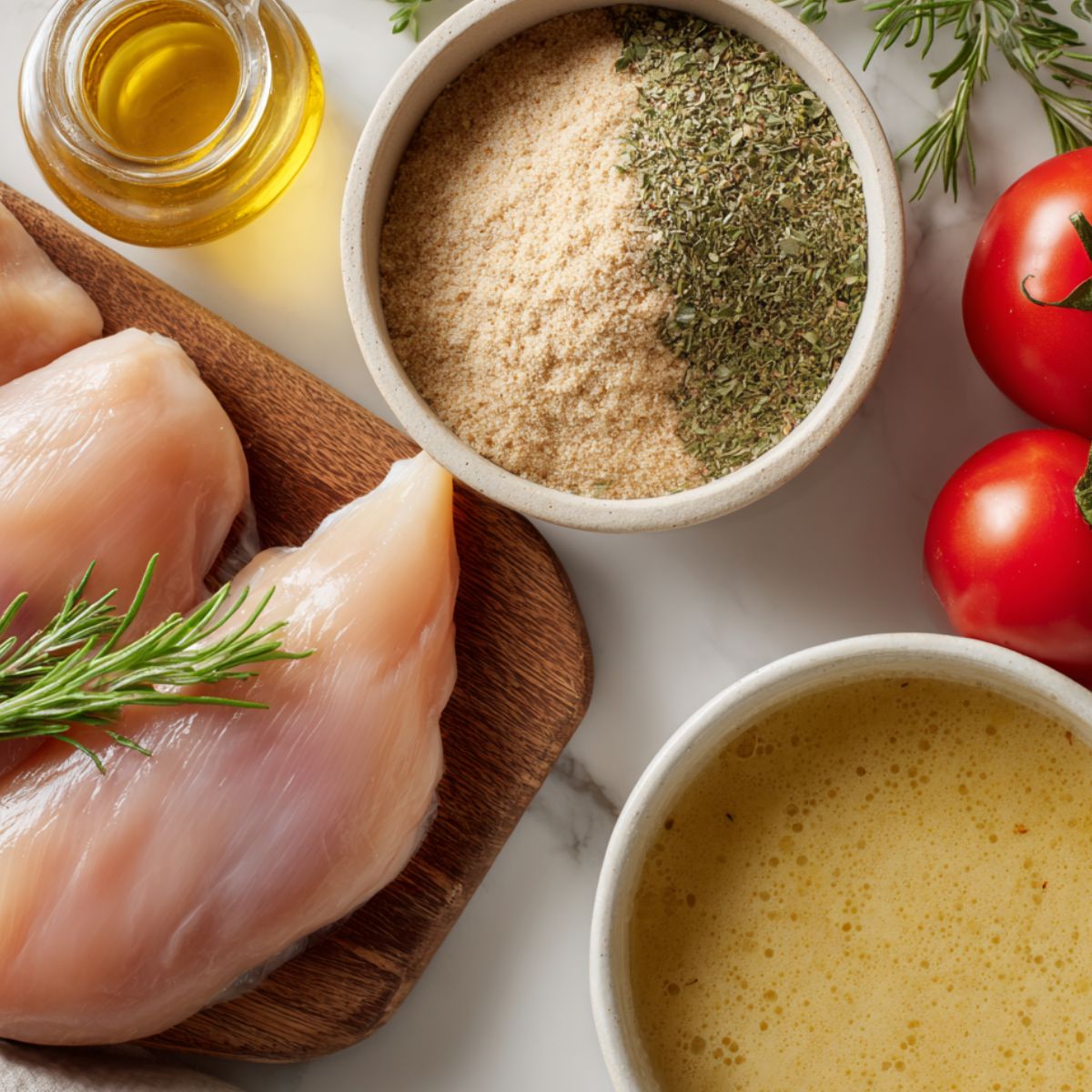 Flat lay of ingredients for 3 ingredient crockpot chicken and gravy on a white kitchen counter — chicken, gravy mix, and cream of chicken soup.