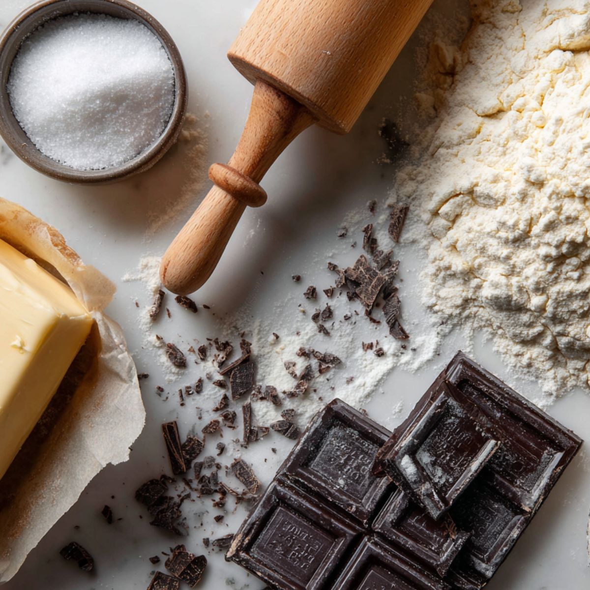 Ingredients for chocolate croissants arranged on a white kitchen counter in a casual, homemade flat lay.