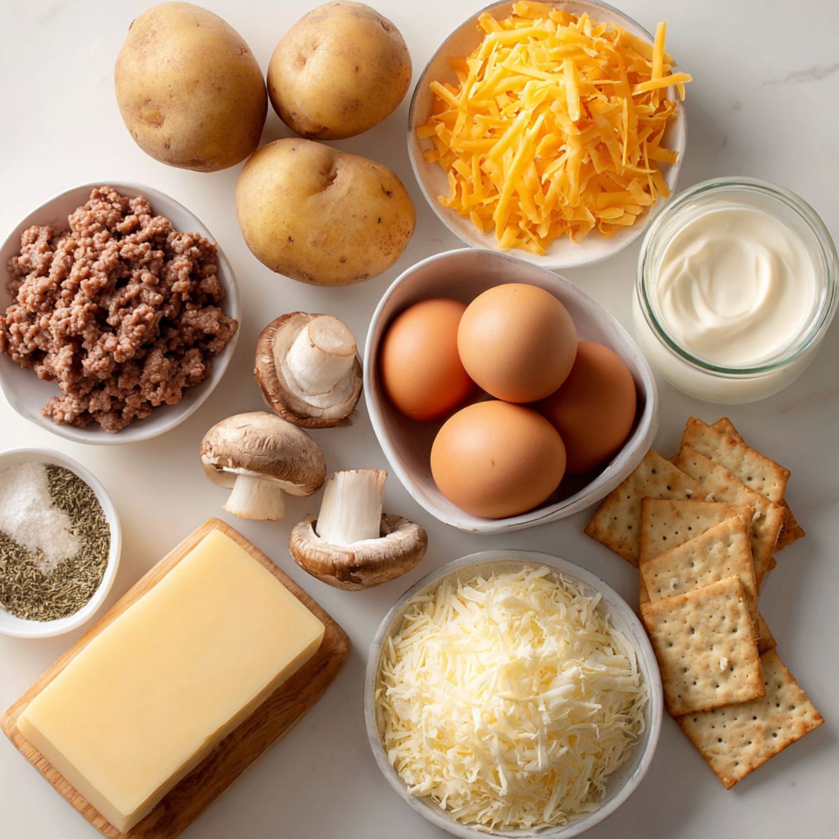 Top-down view of ingredients for Amish hamburger steak bake on a white kitchen counter, including ground beef, potatoes, mushrooms, cheese, and eggs.