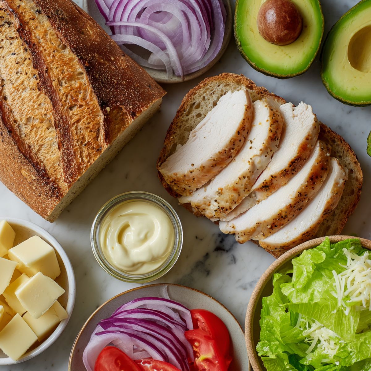 Flat lay of avocado chicken sandwich ingredients on a white kitchen counter, casually arranged.