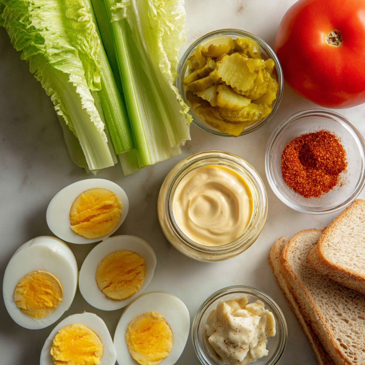 Overhead view of ingredients for deviled egg salad sandwich on a white kitchen counter in a cozy home kitchen.