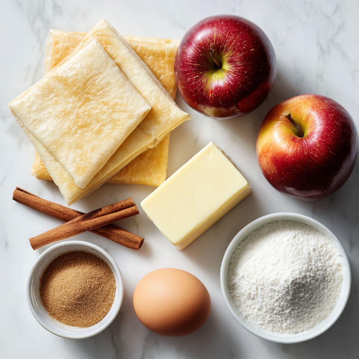 Flat lay of ingredients for homemade puff pastry apple turnovers on a white kitchen counter, including apples, puff pastry, sugar, butter, and cinnamon.