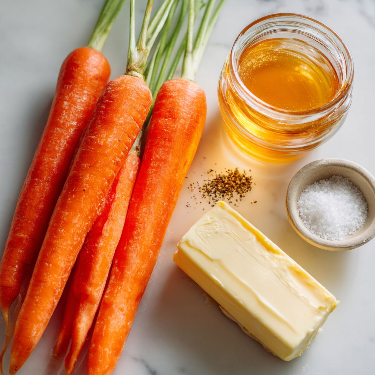 Overhead photo of ingredients for honey butter glazed carrots laid out casually on a white kitchen counter