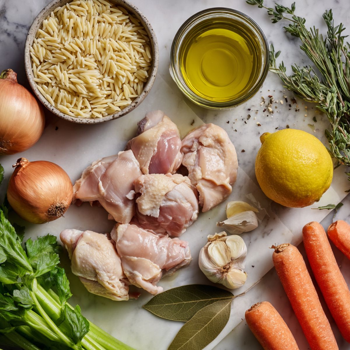 Overhead view of ingredients for Italian penicillin soup with chicken arranged casually on a white counter.