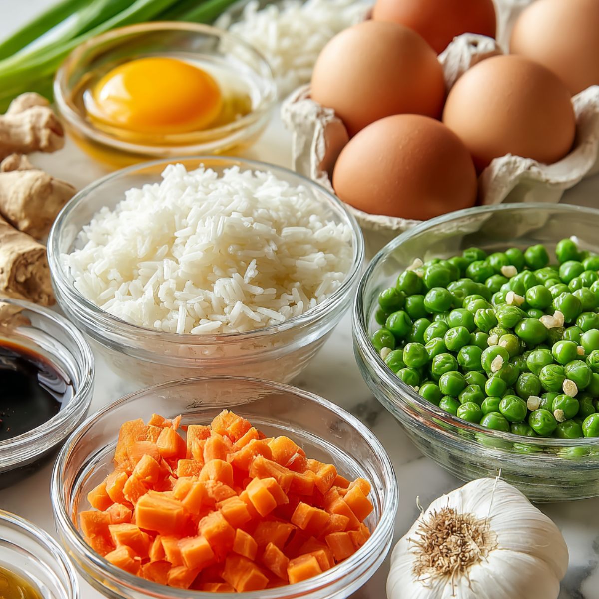 Ingredients for Chinese egg fried rice ; rice, eggs, soy sauce, sesame oil, spring onions, garlic, ginger, peas and carrots ; casually arranged on a white kitchen counter, top-down view.