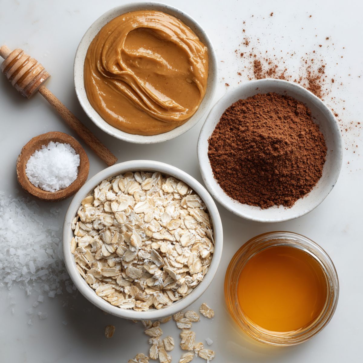 Flat lay of ingredients for healthy no bake cookies including oats, cocoa powder, peanut butter, and honey on a white kitchen counter
