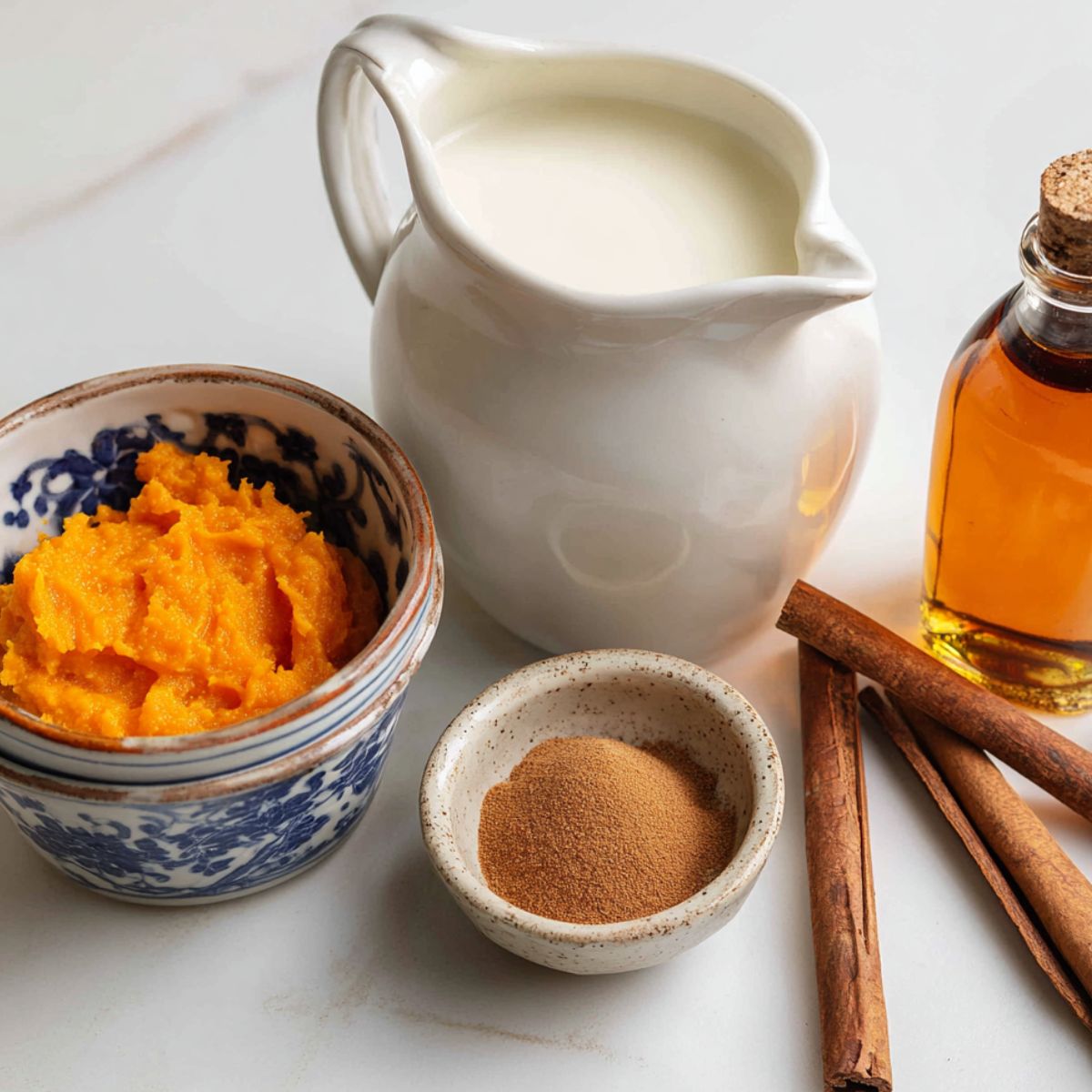 Flat lay of ingredients for pumpkin cream cold foam on a white kitchen counter, including pumpkin puree, cream, syrup, spices,