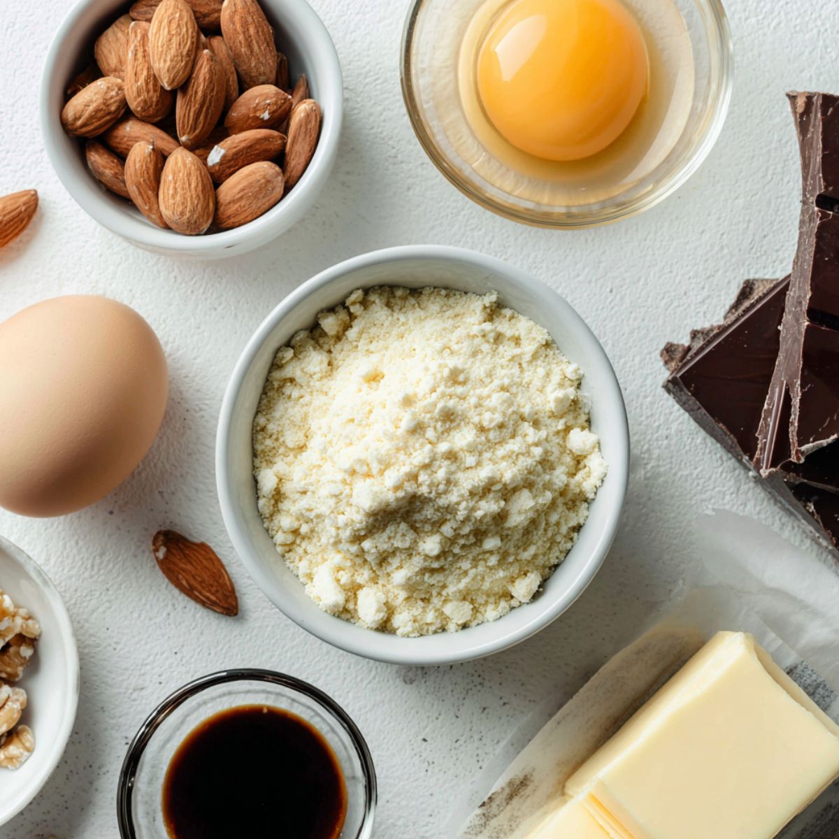 Top-down view of almond flour mug cake ingredients scattered on a white kitchen counter in natural light.