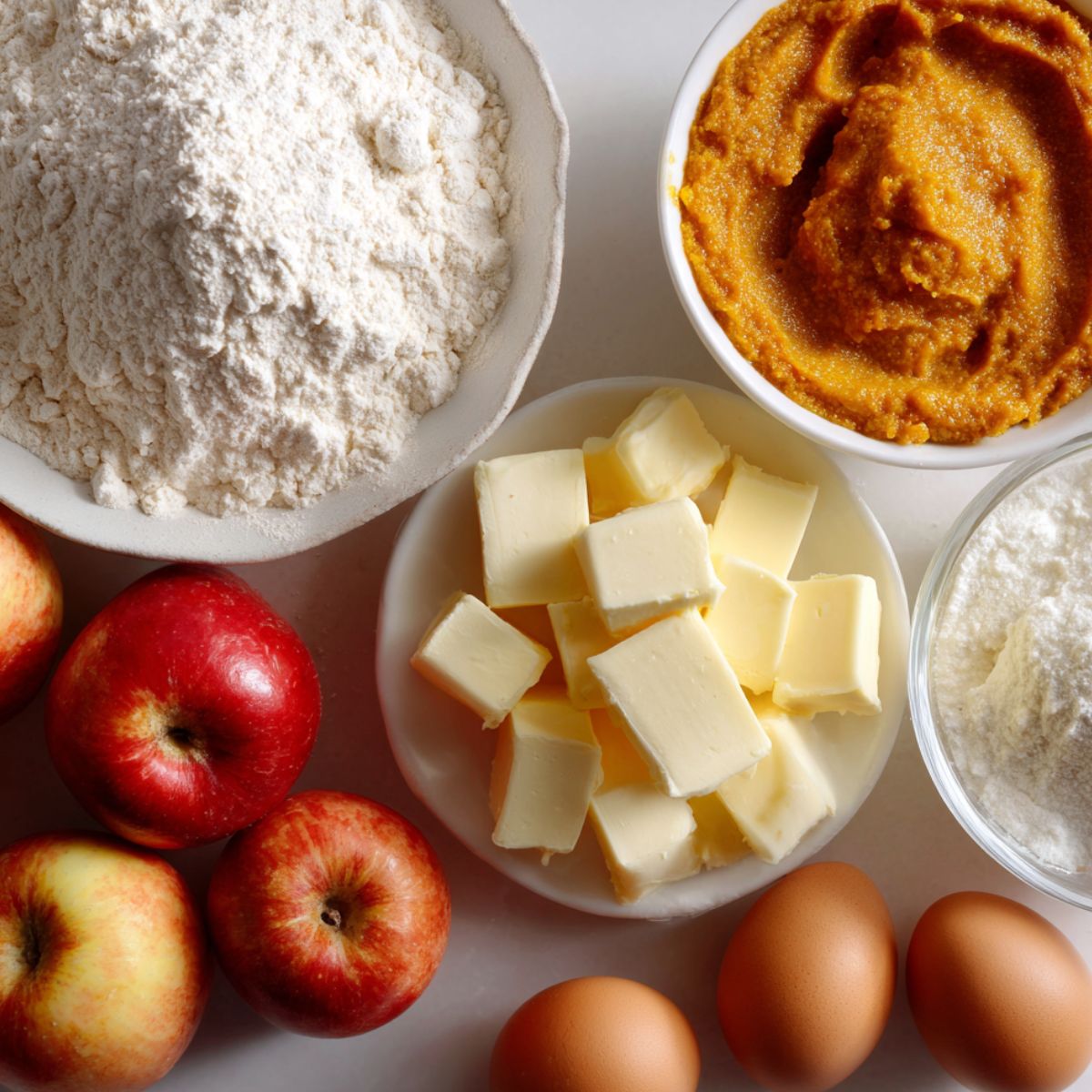 Overhead shot of pie ingredients laid out casually on a white kitchen counter, including apples, butter, flour, and a muffin tin.