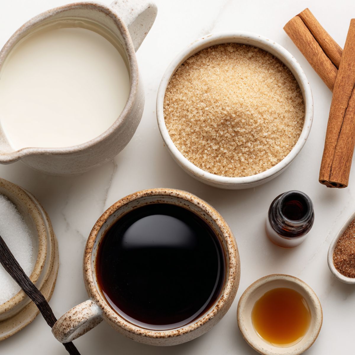 Overhead view of ingredients for almond milk latte on a white kitchen counter