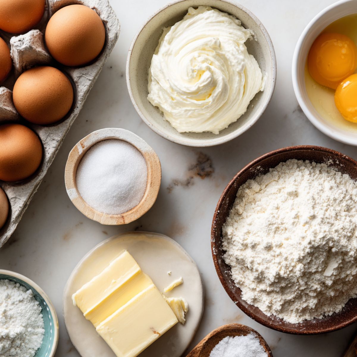 Flat lay of simple ingredients for Greek yogurt waffles on a white kitchen counter.