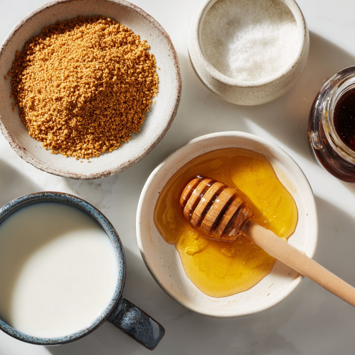 Overhead photo of whipped honey coffee ingredients on a white counter — honey jar, instant coffee, milk