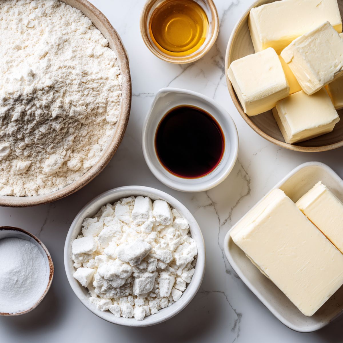 Top-down view of keto no bake cheesecake ingredients on a white kitchen counter, including almond flour, cream cheese, butter, and sweetener.