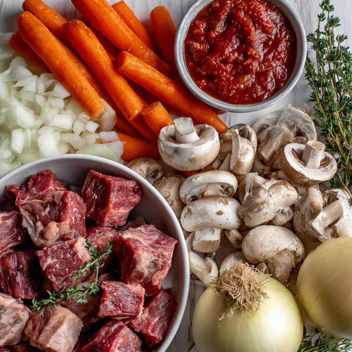 Raw ingredients for beef bourguignon arranged casually on a white kitchen counter, viewed from above.
