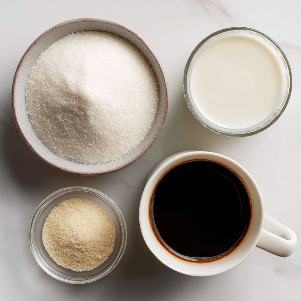 Overhead shot of sugar cookie latte ingredients on a white kitchen counter.