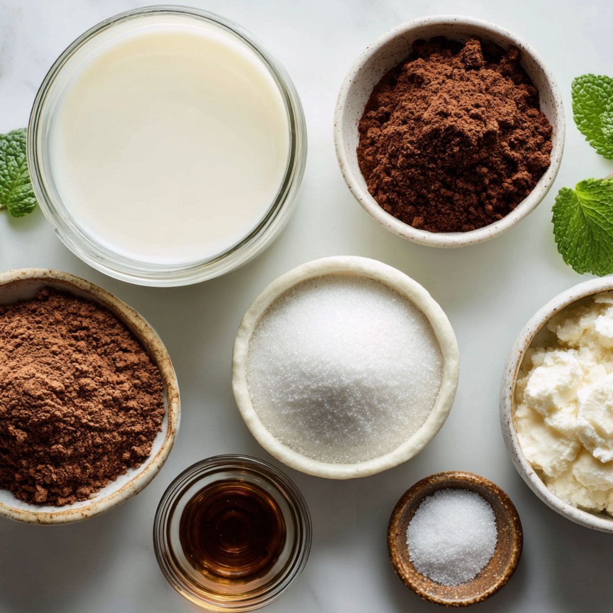 Top-down view of cocoa, milk, and peppermint extract ingredients on a white counter for homemade peppermint mocha creamer.