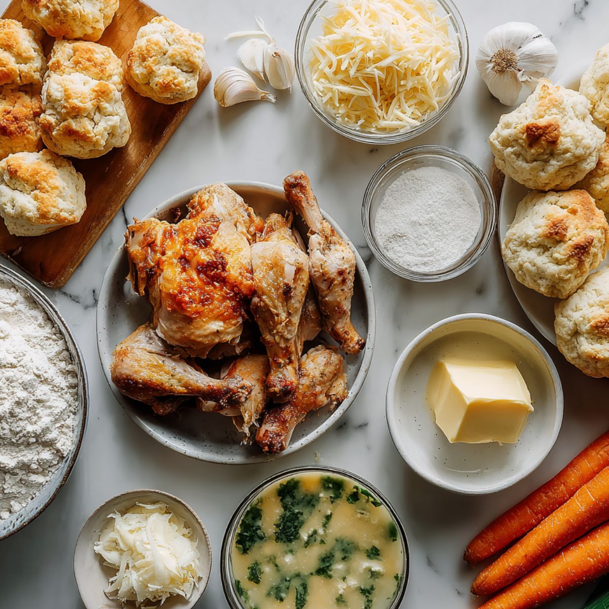 Laid-out ingredients for Red Lobster Biscuit Chicken Pot Pie on a white counter, including chicken, biscuit mix, cheese, soup, and veggies.