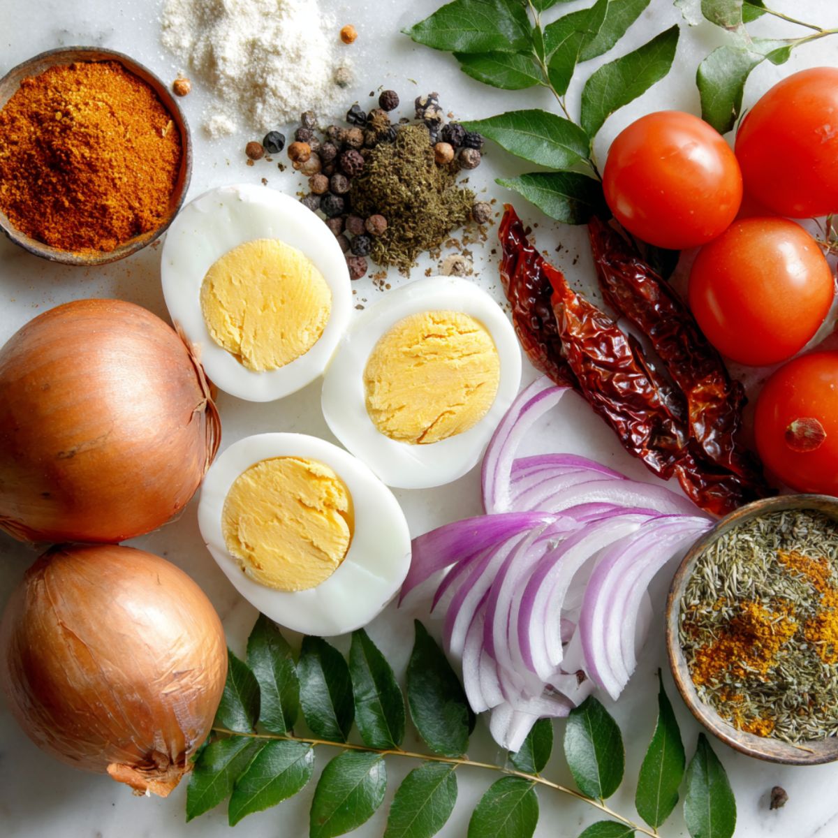 Ingredients for South Indian egg curry arranged casually on a white kitchen counter.