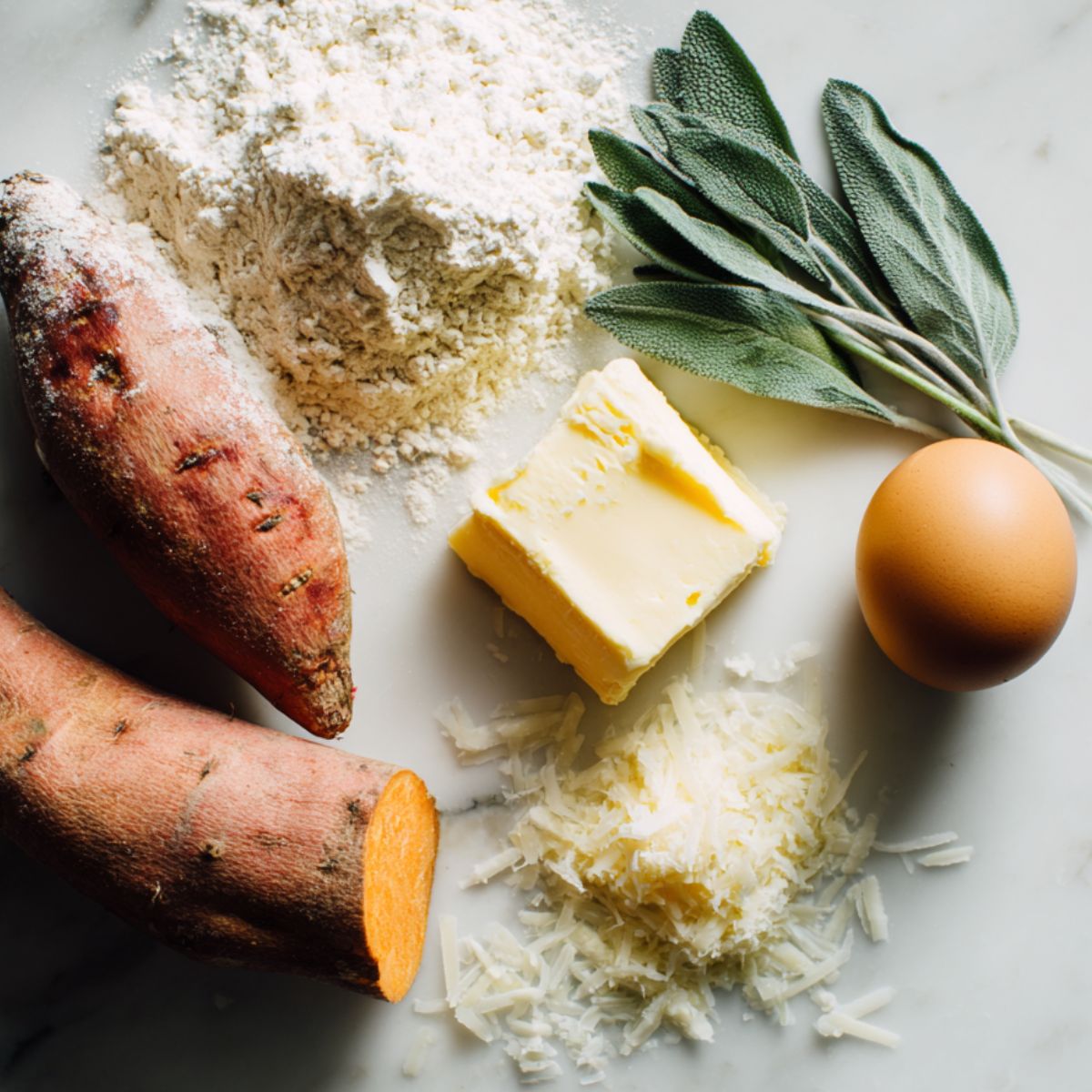 Sweet potatoes, flour, egg, sage, parmesan, and butter spread out on a white kitchen counter.