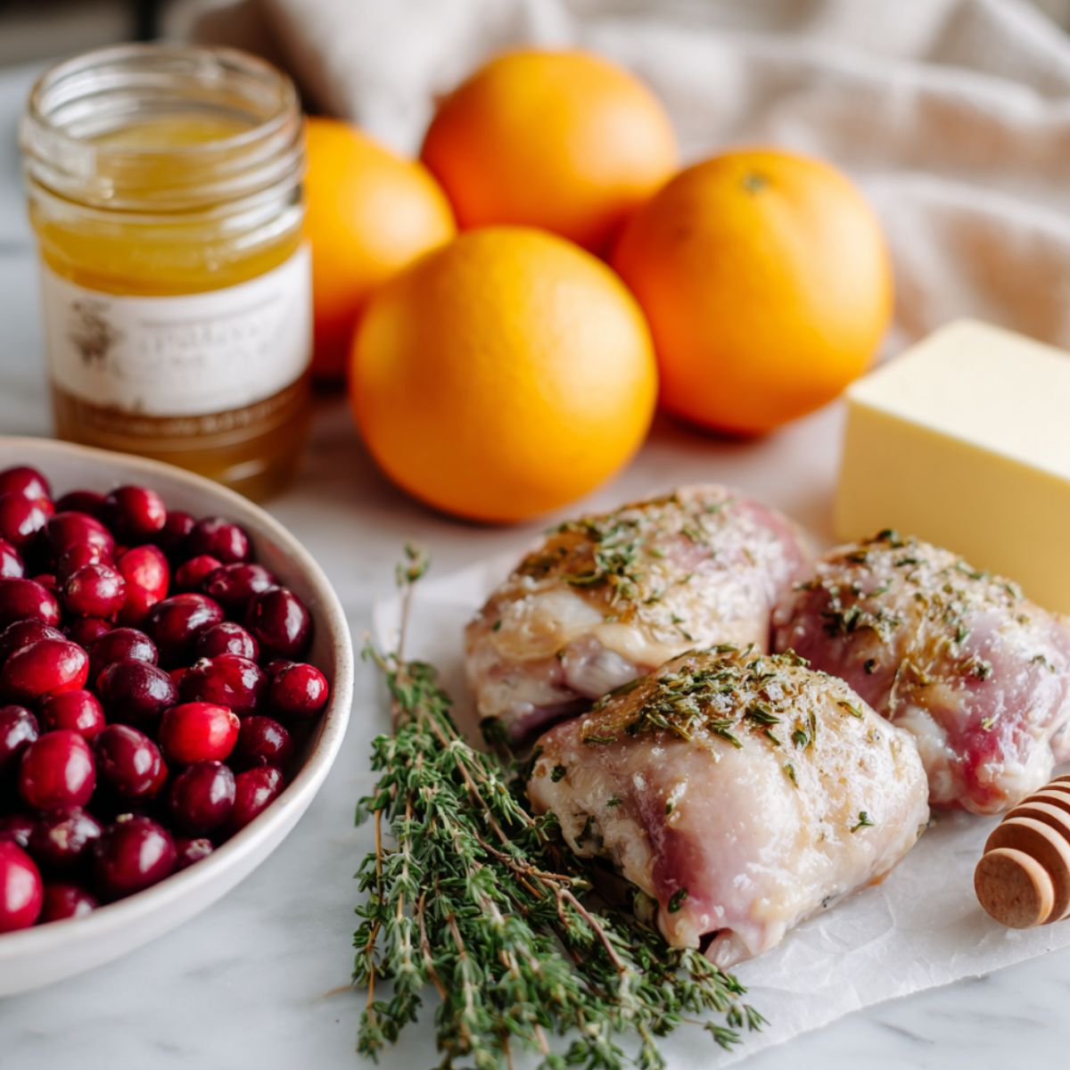 Top-down view of raw ingredients for cranberry orange chicken on a white kitchen counter.