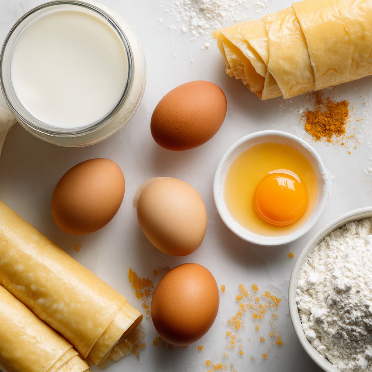 Ingredients for homemade Portuguese custard tarts scattered on a kitchen counter with natural light.