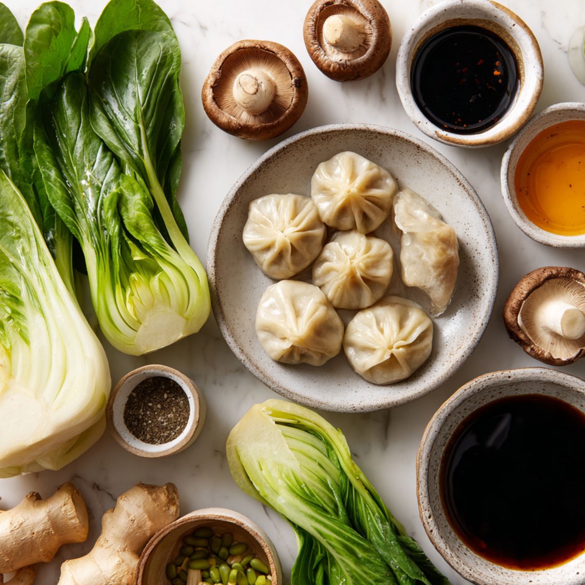 Overhead view of potsticker soup ingredients laid out casually on a white kitchen counter.