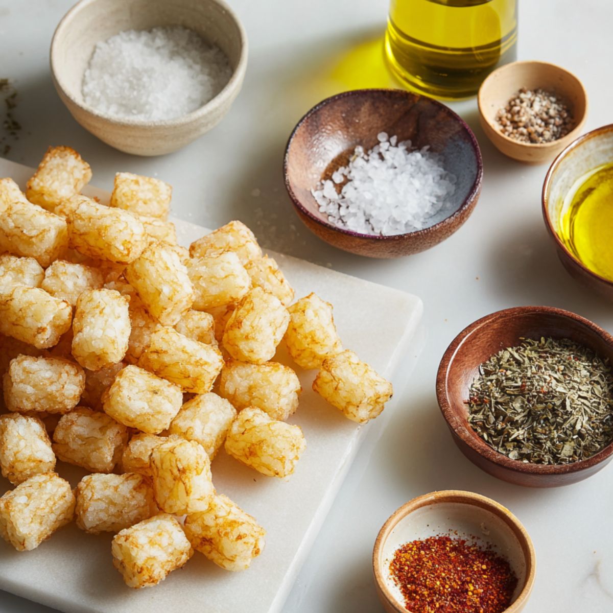 Overhead shot of frozen tater tots, salt, and seasonings arranged casually on a white kitchen counter.