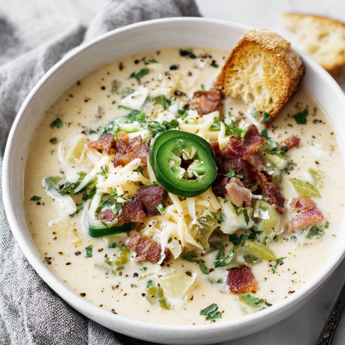 A homemade bowl of jalapeño popper soup with bacon and cheese on a white kitchen counter