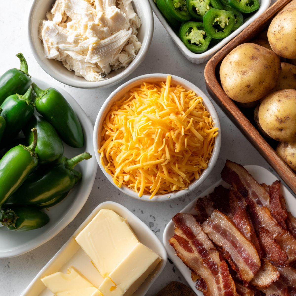 Ingredients for homemade jalapeño popper soup laid out casually on a white kitchen counter, overhead shot.