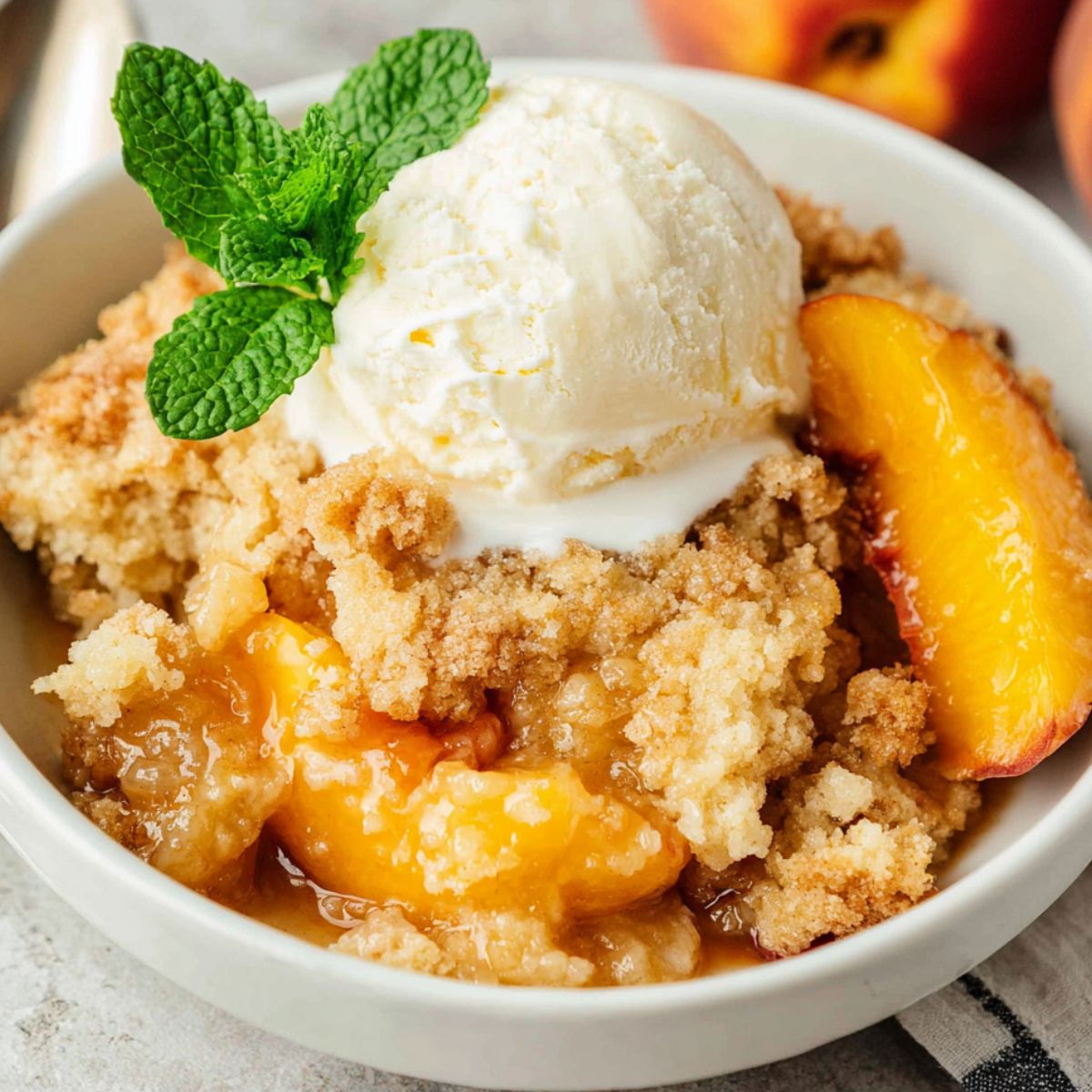 Homemade keto peach cobbler with golden almond flour topping on a white kitchen counter