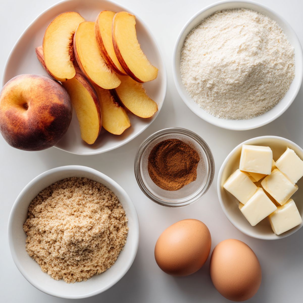 Flat lay of keto peach cobbler ingredients — peaches, almond flour, butter, eggs, and cinnamon on a kitchen counter