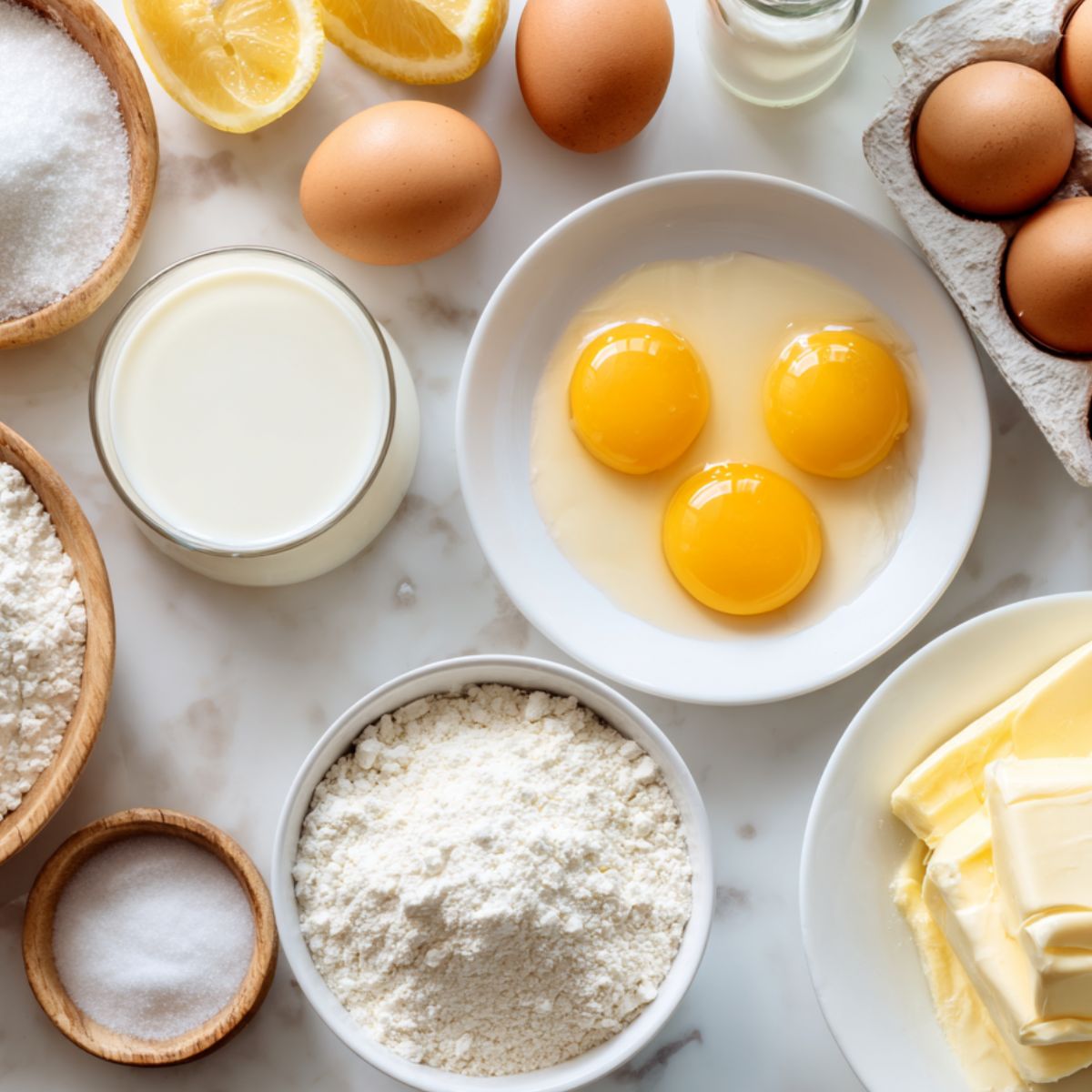 Overhead view of lemon curd cake ingredients like lemons, eggs, flour, and butter scattered on a white kitchen counter