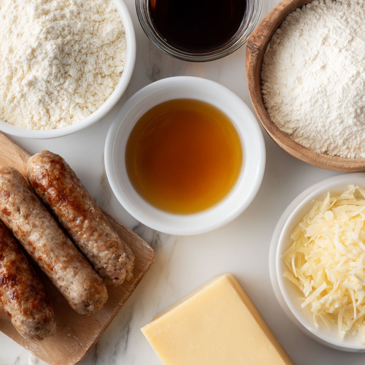 Ingredients for McGriddle Bites laid out on a white counter, top-down shot.