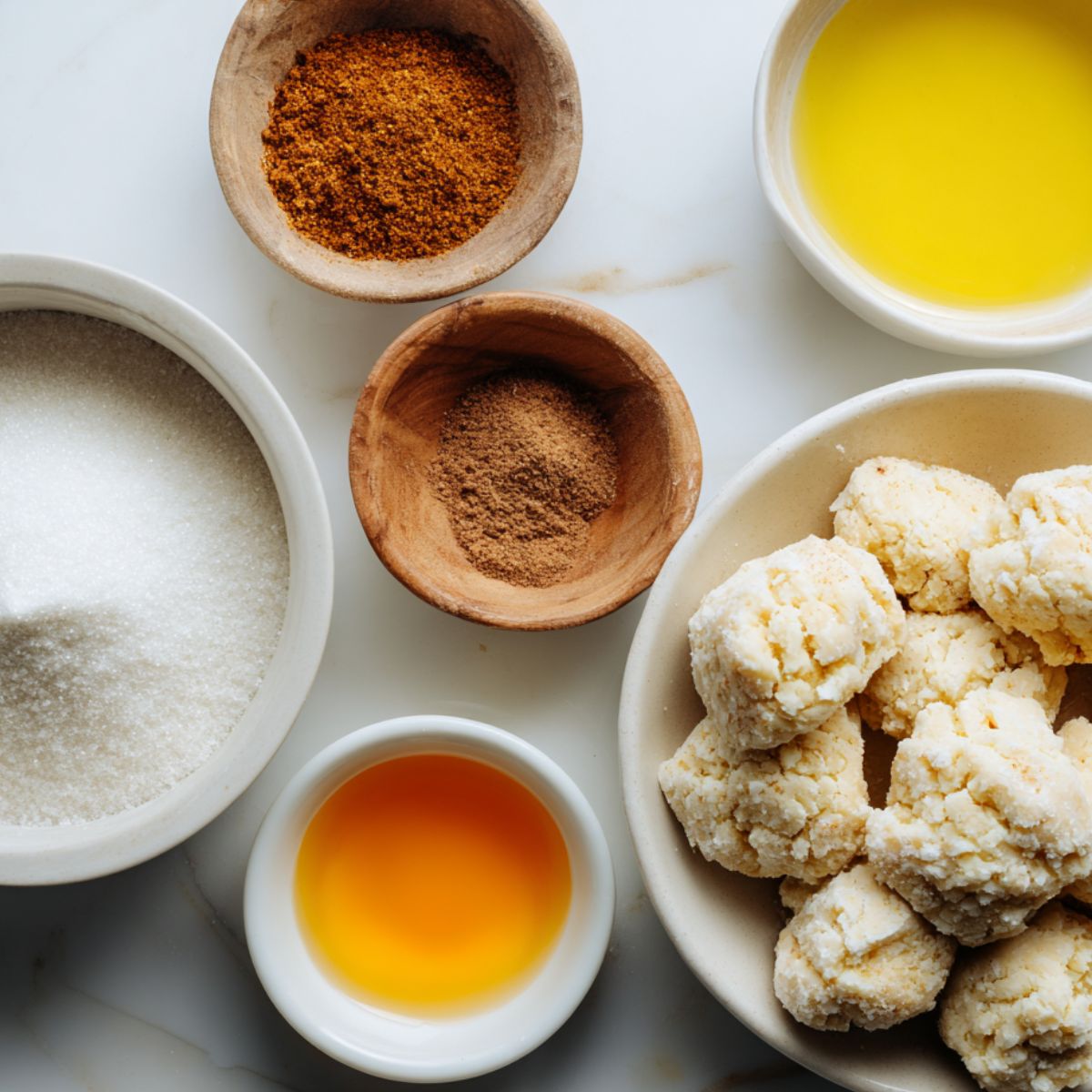 Overhead view of monkey bread muffin ingredients on a kitchen counter — cinnamon, sugar, butter, biscuit dough, and small bowls in soft daylight.