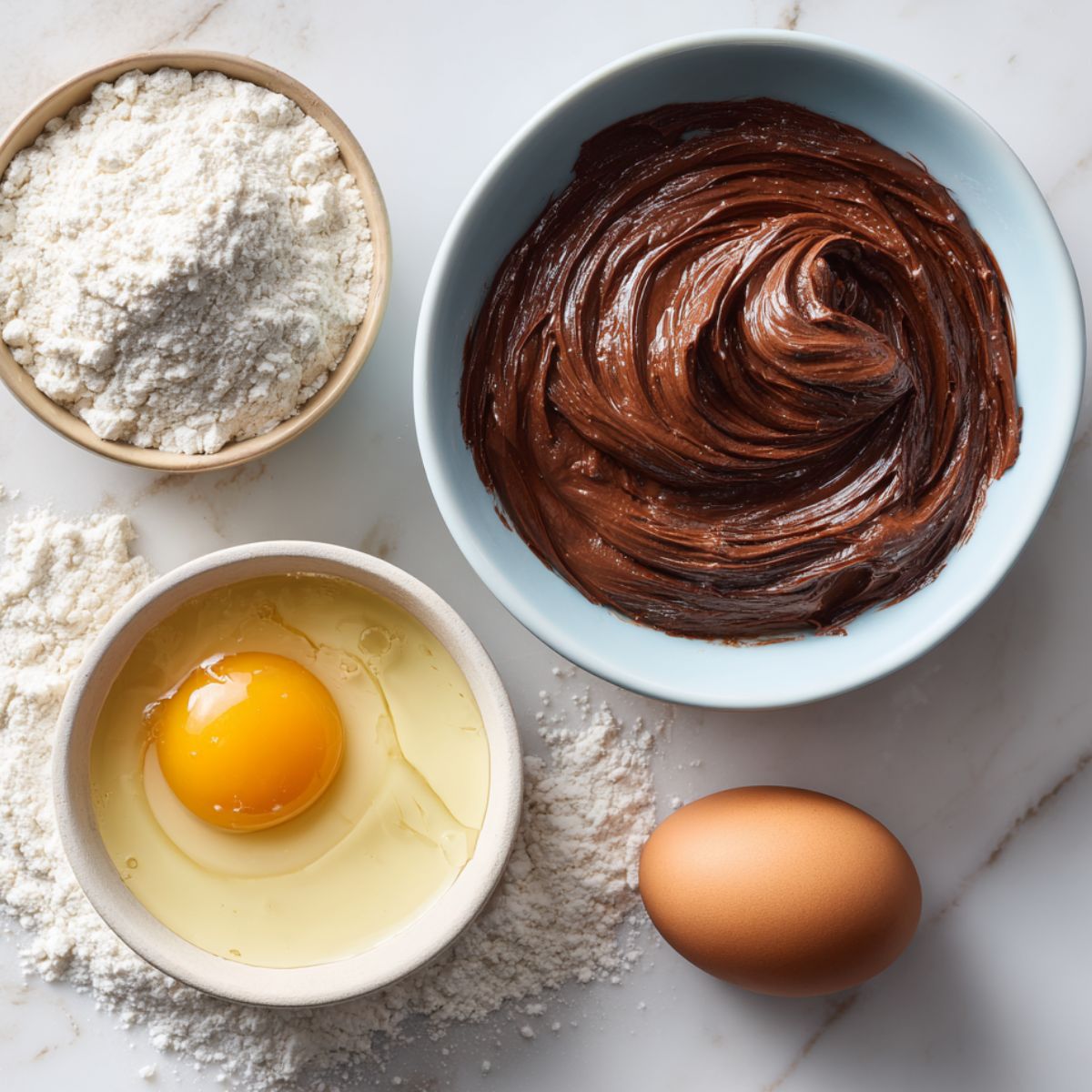 Nutella in a bowl, egg, and flour arranged casually on a white kitchen counter, overhead view.