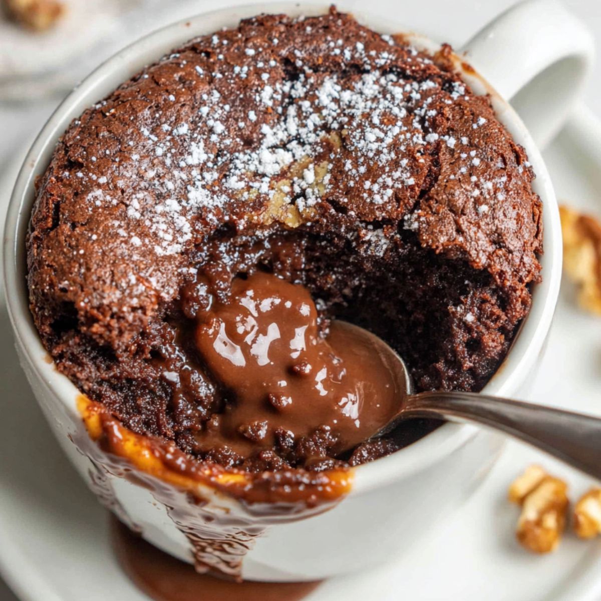 Top view of a homemade Nutella mug cake on a white kitchen counter with natural light.