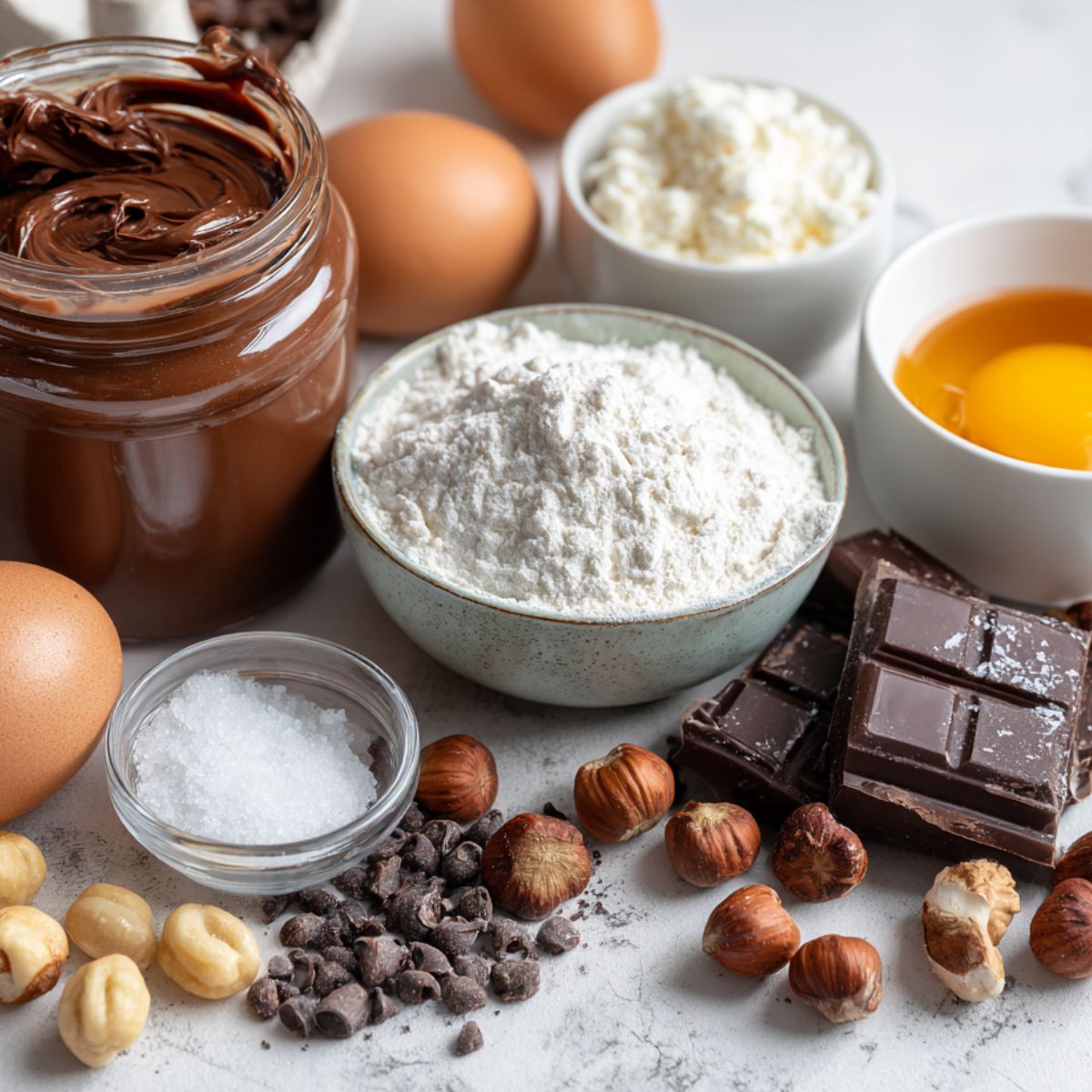 Top-down view of ingredients for a Nutella mug cake laid out casually on a white kitchen counter.