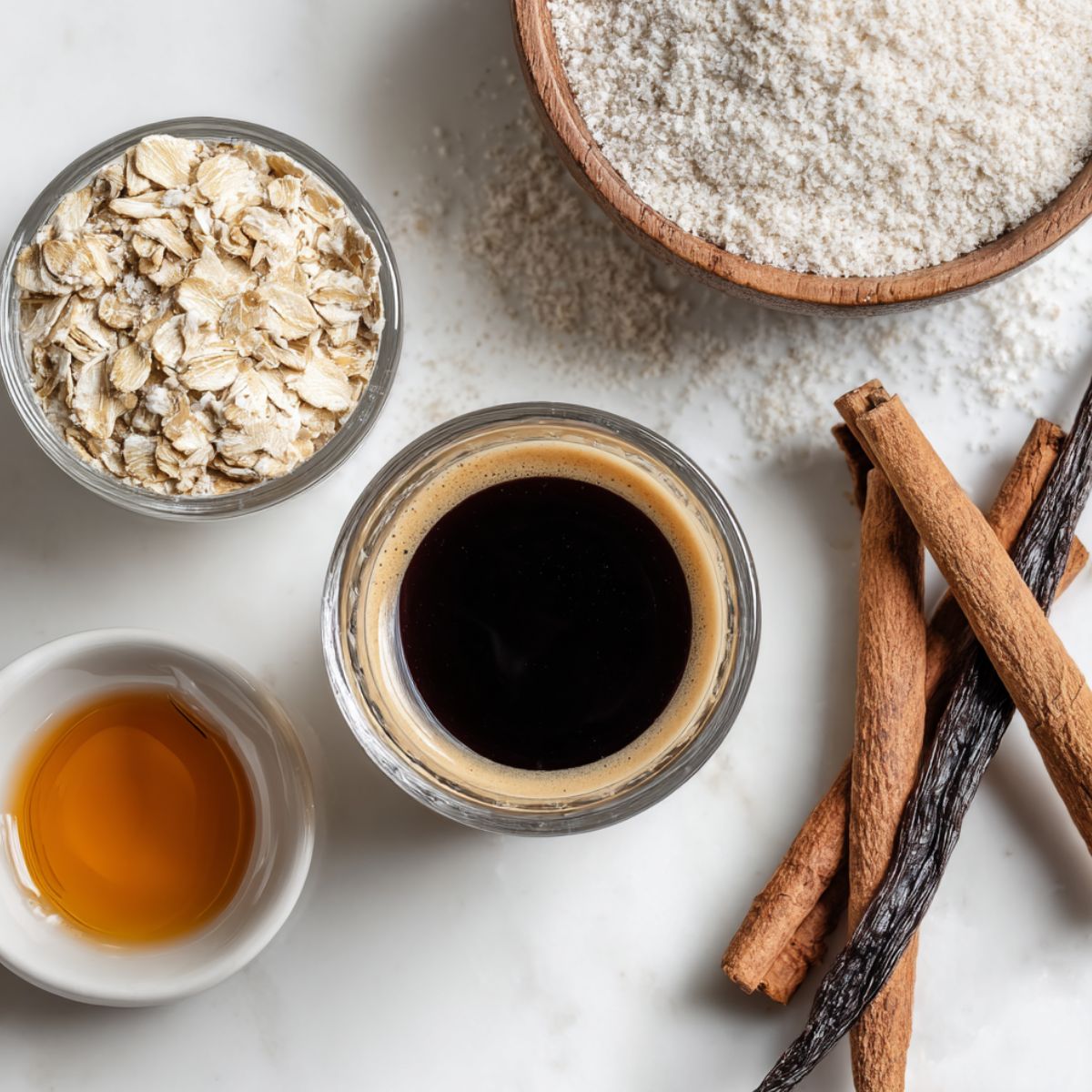 Top-down flatlay of oat milk latte ingredients on a white kitchen counter.