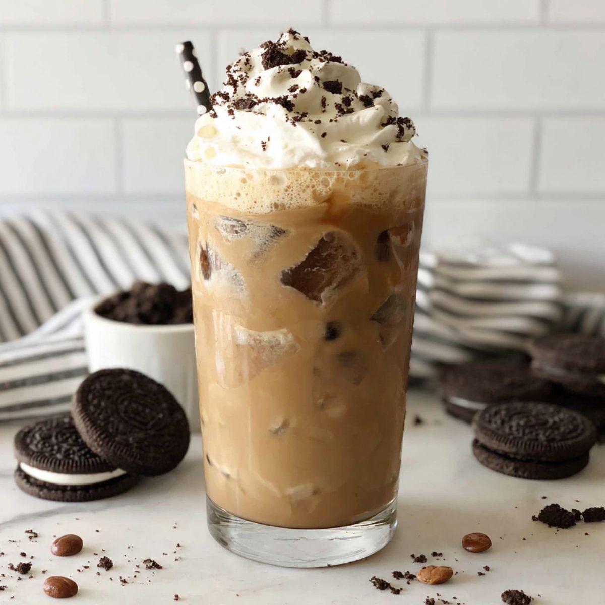 Top-down shot of a homemade Oreo Iced Coffee on a white kitchen counter with whipped cream and cookie crumbs scattered around.
