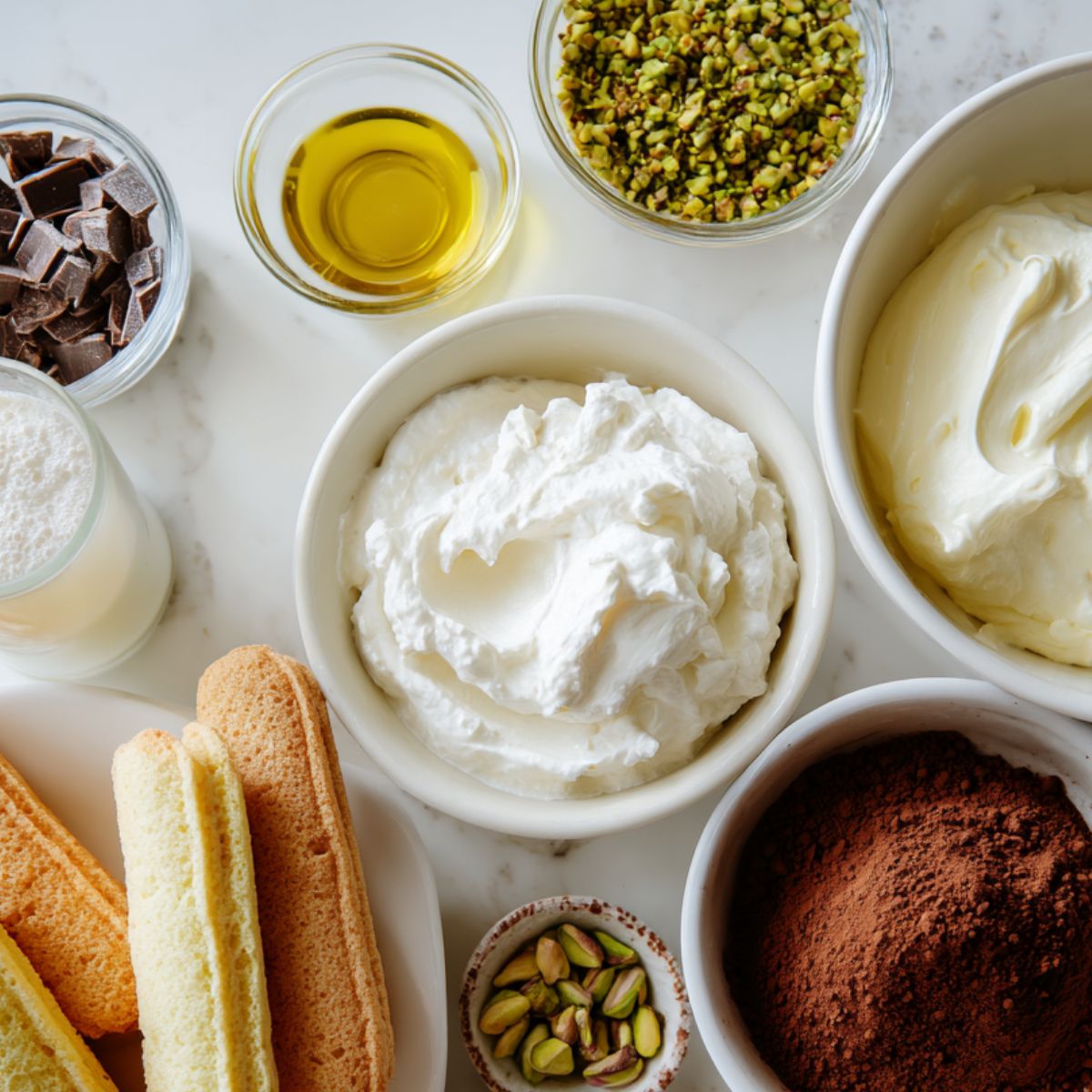 Flat lay of pistachio tiramisu ingredients on a white kitchen counter including mascarpone, pistachio paste, ladyfingers, and cocoa powder.