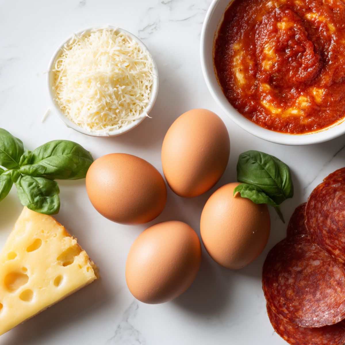 Top-down view of pizza egg ingredients on a white kitchen counter: eggs, cheese, pepperoni, vegetables, and sauce.