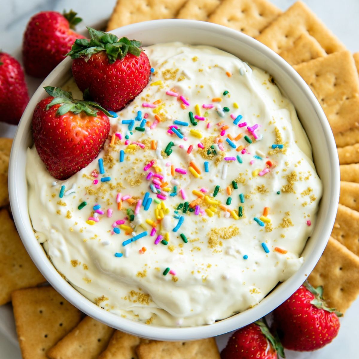 Homemade protein Dunkaroo dip in a bowl with rainbow sprinkles, surrounded by dippers on a white counter