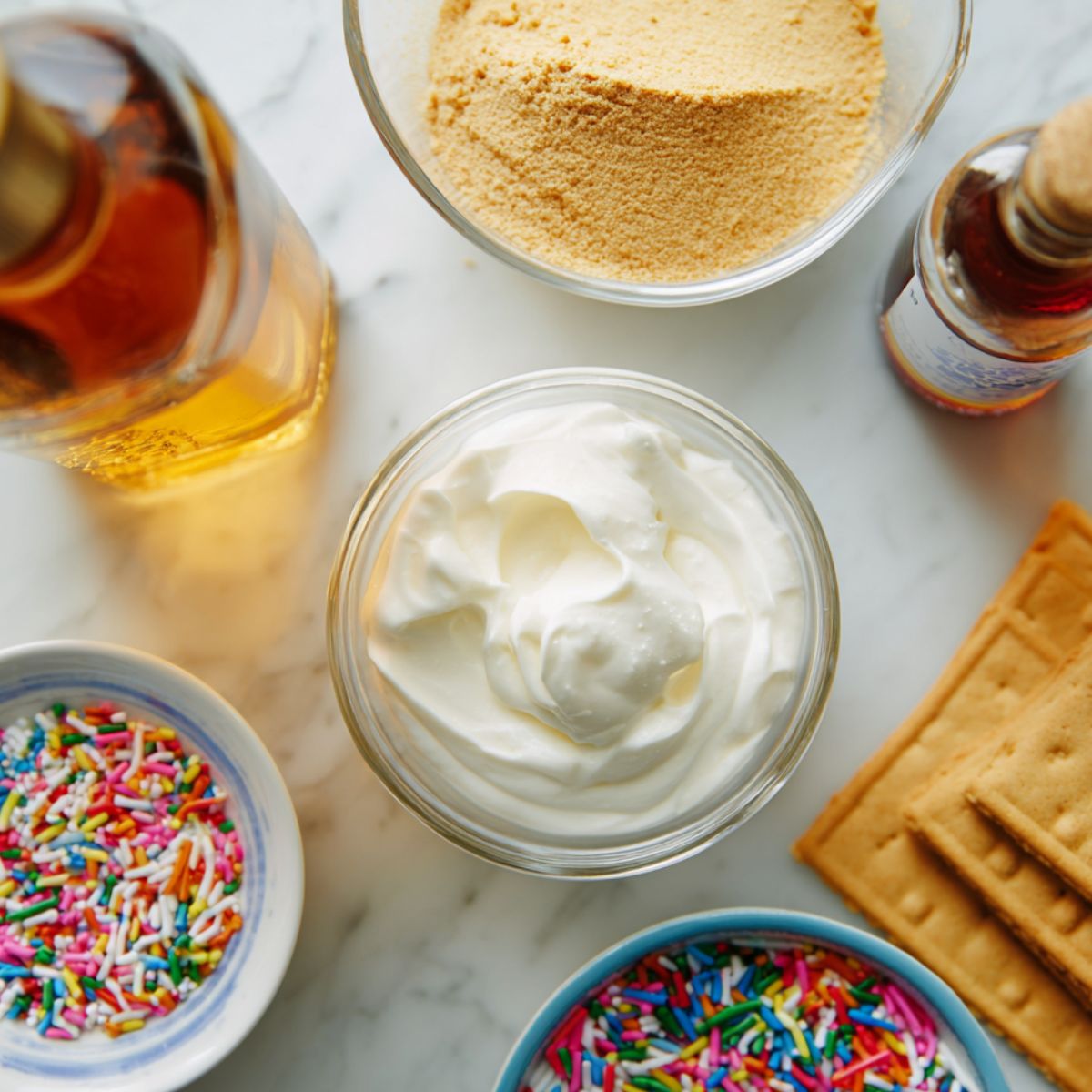 Top-down view of ingredients for homemade protein Dunkaroo dip laid out on a white kitchen counter