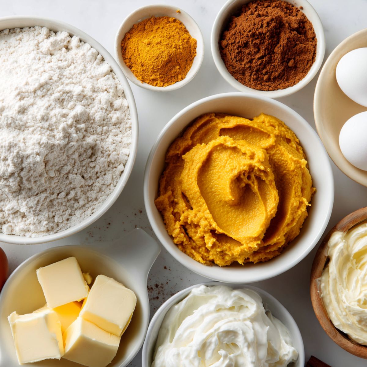 Overhead shot of ingredients for homemade pumpkin cheesecake cookies arranged casually on a white kitchen counter.