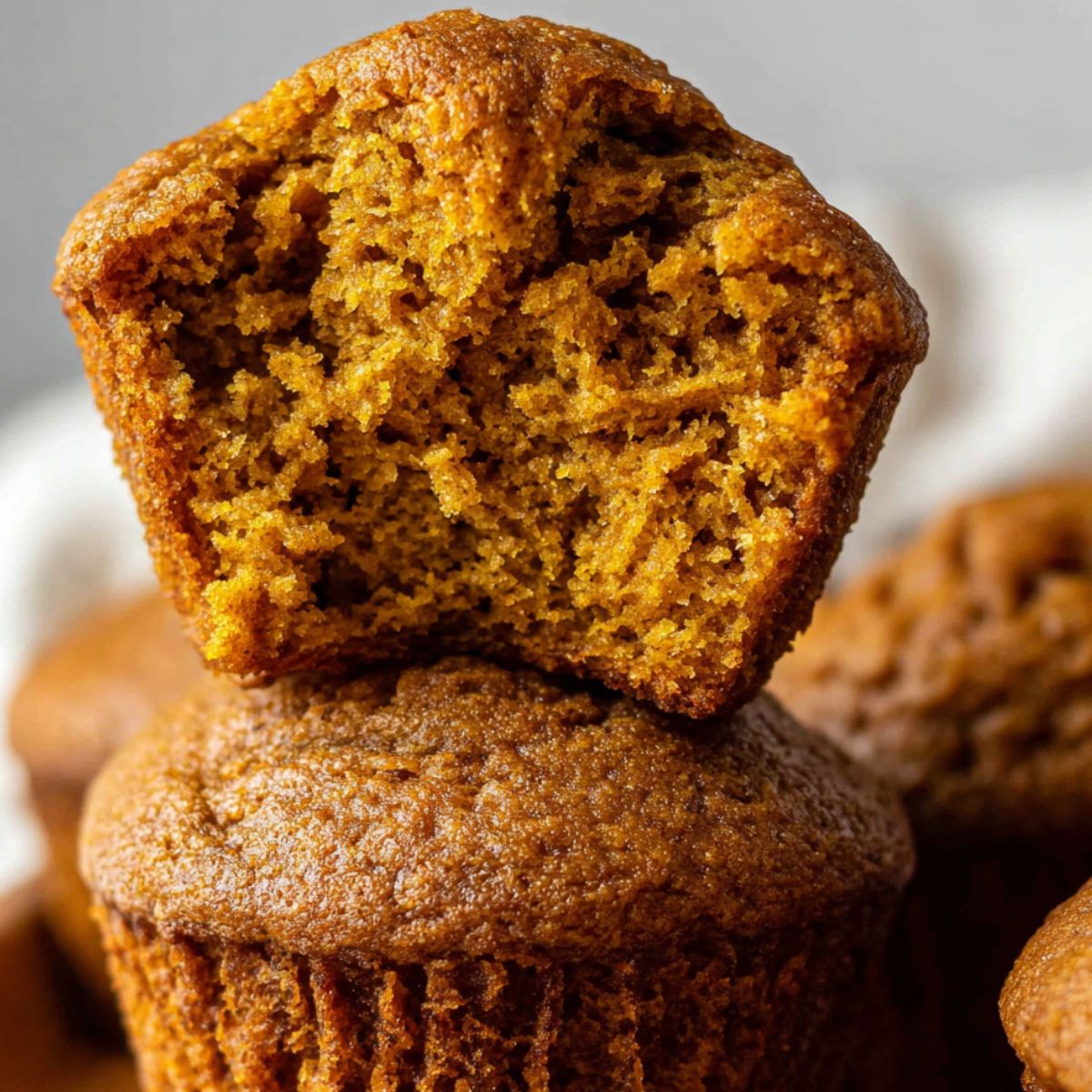 Homemade pumpkin muffins on a white kitchen counter,