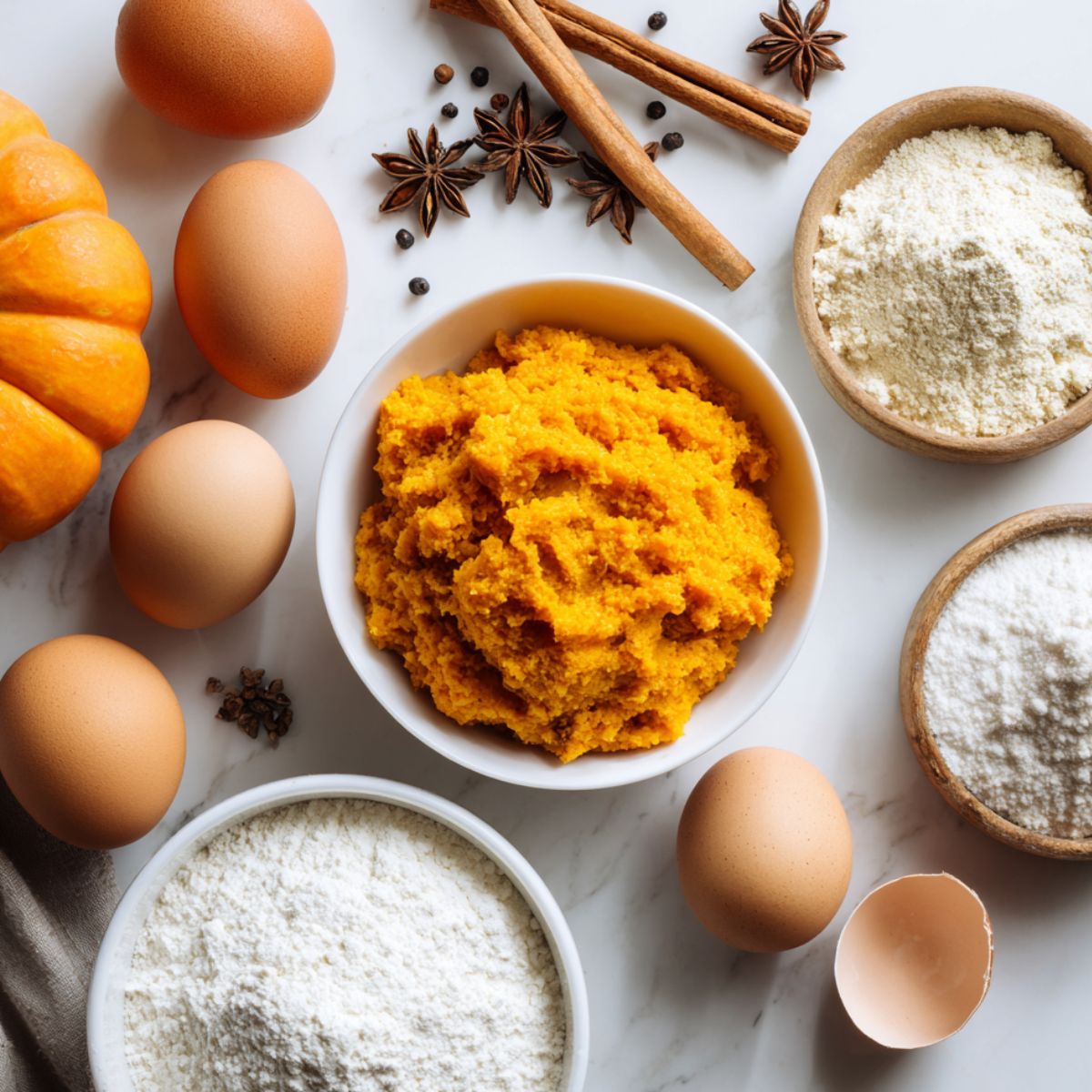 Pumpkin muffin ingredients scattered on a white kitchen counter, top-down, with a cozy homemade feel.
