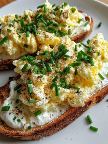 Homemade ricotta egg toast breakfast on sourdough bread served on a white plate with natural light.