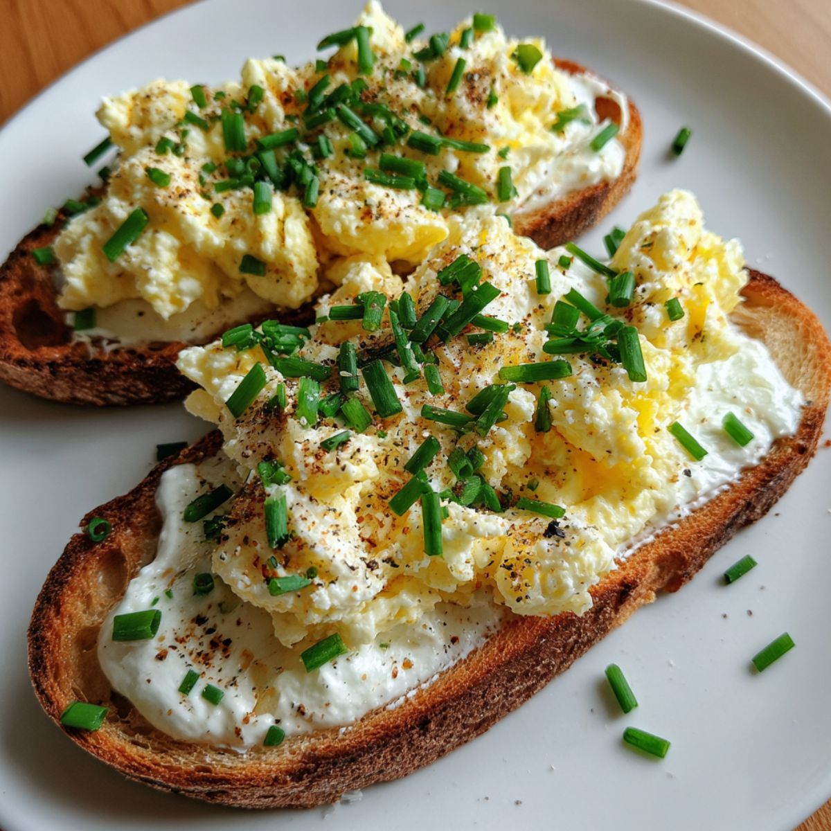Homemade ricotta egg toast breakfast on sourdough bread served on a white plate with natural light.